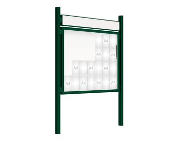 Schaukasten 2000 mit Quatro-Pfosten Farbe:RAL 6005|Abmessungen:28 A4 - B 1710 x 1350 mm - Klapptür|Pfosten:Pfosten-Set zum Einbetonieren - Mit Titelleiste