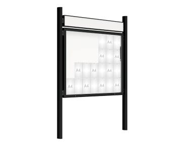 Schaukasten 2000 mit Quatro-Pfosten Farbe:RAL 9005|Abmessungen:28 A4 - B 1710 x 1350 mm - Klapptür|Pfosten:Mittelpfosten zum Einbetonieren - Mit Titelleiste
