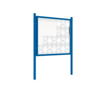 Schaukasten 2000 mit Pfosten Ø 76 mm Farbe:RAL 5010|Abmessungen:28 A4 - B 1710 x 1350 mm - Klapptür|Pfosten:Pfosten-Set zum Einbetonieren - Ohne Titelleiste