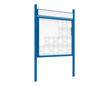 Schaukasten 2000 mit Pfosten Ø 76 mm Farbe:RAL 5010|Abmessungen:28 A4 - B 1710 x 1350 mm - Klapptür|Pfosten:Pfosten-Set zum Einbetonieren - Mit Titelleiste