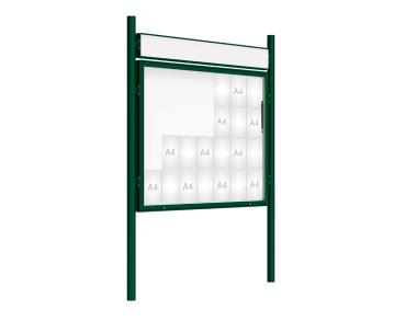 Schaukasten 2000 mit Pfosten Ø 76 mm Farbe:RAL 6005|Abmessungen:28 A4 - B 1710 x 1350 mm - Klapptür|Pfosten:Pfosten-Set zum Einbetonieren - Mit Titelleiste