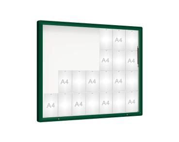 Schaukasten 2000 Farbe:RAL 6005|Verglasung:Plexichocs|Abmessungen:28 A4 - B 1710 x H 1350 mm