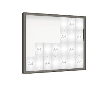 Schaukasten 2000 Farbe:Procity grau|Verglasung:Plexichocs|Abmessungen:28 A4 - B 1710 x H 1350 mm