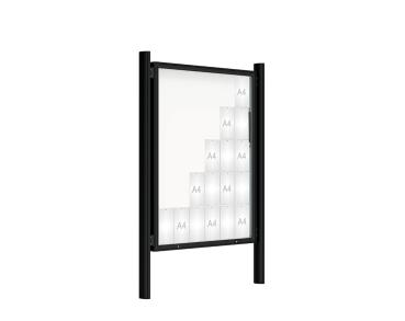 Schaukasten 2000 mit Quatro-Pfosten Farbe:RAL 9005|Abmessungen:30 A4 - B 1350 x 1710 mm - Klapptür|Pfosten:Pfosten-Set zum Einbetonieren - Ohne Titelleiste