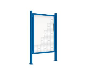 Schaukasten 2000 mit Quatro-Pfosten Farbe:RAL 5010|Abmessungen:30 A4 - B 1350 x 1710 mm - Klapptür|Pfosten:Pfosten-Set auf Bodenplatten - Ohne Titelleiste