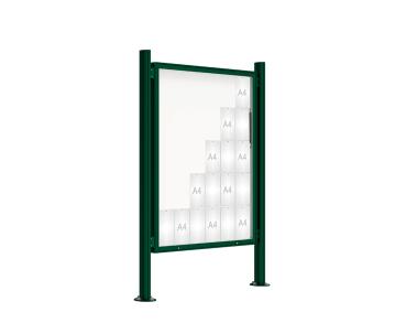 Schaukasten 2000 mit Quatro-Pfosten Farbe:RAL 6005|Abmessungen:30 A4 - B 1350 x 1710 mm - Klapptür|Pfosten:Pfosten-Set auf Bodenplatten - Ohne Titelleiste