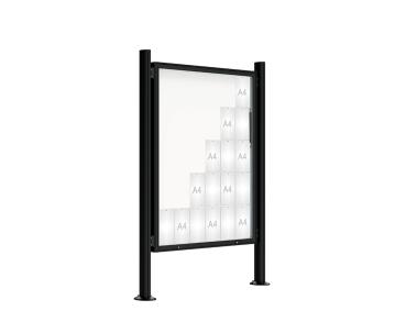 Schaukasten 2000 mit Quatro-Pfosten Farbe:RAL 9005|Abmessungen:30 A4 - B 1350 x 1710 mm - Klapptür|Pfosten:Pfosten-Set auf Bodenplatten - Ohne Titelleiste