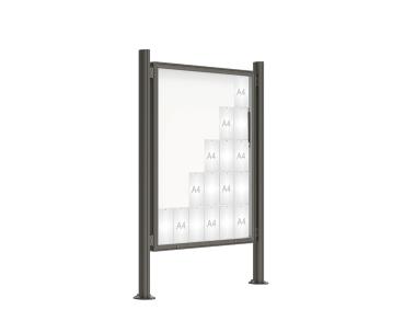 Schaukasten 2000 mit Quatro-Pfosten Farbe:Procity grau|Abmessungen:30 A4 - B 1350 x 1710 mm - Klapptür|Pfosten:Pfosten-Set auf Bodenplatten - Ohne Titelleiste