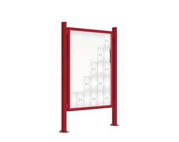 Schaukasten 2000 mit Quatro-Pfosten Farbe:RAL 3004|Abmessungen:30 A4 - B 1350 x 1710 mm - Klapptür|Pfosten:Mittelpfosten auf Bodenplatte - Ohne Titelleiste