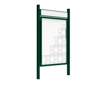 Schaukasten 2000 mit Quatro-Pfosten Farbe:RAL 6005|Abmessungen:30 A4 - B 1350 x 1710 mm - Klapptür|Pfosten:Pfosten-Set zum Einbetonieren - Mit Titelleiste