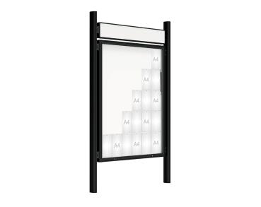 Schaukasten 2000 mit Quatro-Pfosten Farbe:RAL 9005|Abmessungen:30 A4 - B 1350 x 1710 mm - Klapptür|Pfosten:Pfosten-Set zum Einbetonieren - Mit Titelleiste