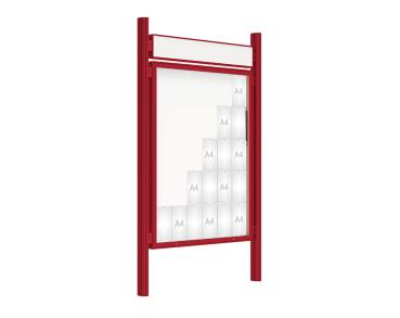 Schaukasten 2000 mit Quatro-Pfosten Farbe:RAL 3004|Abmessungen:30 A4 - B 1350 x 1710 mm - Klapptür|Pfosten:Mittelpfosten zum Einbetonieren - Mit Titelleiste