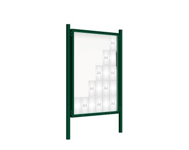 Schaukasten 2000 mit Pfosten Ø 76 mm Farbe:RAL 6005|Abmessungen:30 A4 - B 1350 x 1710 mm - Klapptür|Pfosten:Pfosten-Set zum Einbetonieren - Ohne Titelleiste
