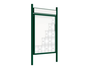 Schaukasten 2000 mit Pfosten Ø 76 mm Farbe:RAL 6005|Abmessungen:30 A4 - B 1350 x 1710 mm - Klapptür|Pfosten:Pfosten-Set zum Einbetonieren - Mit Titelleiste