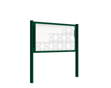 Schaukasten 2000 mit Quatro-Pfosten Farbe:RAL 6005|Abmessungen:27 A4 - B 2010 x H 1000 mm - Klapptür|Pfosten:Pfosten-Set zum Einbetonieren - Ohne Titelleiste