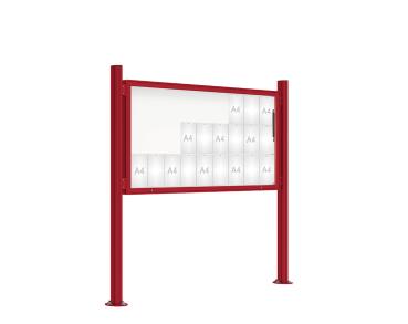 Schaukasten 2000 mit Quatro-Pfosten Farbe:RAL 3004|Abmessungen:27 A4 - B 2010 x H 1000 mm - Klapptür|Pfosten:Pfosten-Set auf Bodenplatten - Ohne Titelleiste