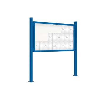 Schaukasten 2000 mit Quatro-Pfosten Farbe:RAL 5010|Abmessungen:27 A4 - B 2010 x H 1000 mm - Klapptür|Pfosten:Mittelpfosten auf Bodenplatte - Ohne Titelleiste
