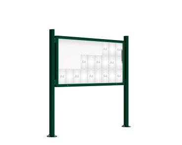 Schaukasten 2000 mit Quatro-Pfosten Farbe:RAL 6005|Abmessungen:27 A4 - B 2010 x H 1000 mm - Klapptür|Pfosten:Mittelpfosten auf Bodenplatte - Ohne Titelleiste