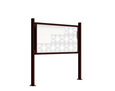 Schaukasten 2000 mit Quatro-Pfosten Farbe:RAL 8017|Abmessungen:27 A4 - B 2010 x H 1000 mm - Klapptür|Pfosten:Mittelpfosten auf Bodenplatte - Ohne Titelleiste