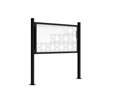 Schaukasten 2000 mit Quatro-Pfosten Farbe:RAL 9005|Abmessungen:27 A4 - B 2010 x H 1000 mm - Klapptür|Pfosten:Mittelpfosten auf Bodenplatte - Ohne Titelleiste