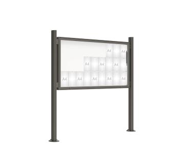 Schaukasten 2000 mit Quatro-Pfosten Farbe:Procity grau|Abmessungen:27 A4 - B 2010 x H 1000 mm - Klapptür|Pfosten:Mittelpfosten auf Bodenplatte - Ohne Titelleiste