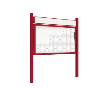 Schaukasten 2000 mit Quatro-Pfosten Farbe:RAL 3004|Abmessungen:27 A4 - B 2010 x H 1000 mm - Klapptür|Pfosten:Pfosten-Set zum Einbetonieren - Mit Titelleiste