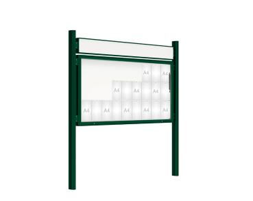 Schaukasten 2000 mit Quatro-Pfosten Farbe:RAL 6005|Abmessungen:27 A4 - B 2010 x H 1000 mm - Klapptür|Pfosten:Pfosten-Set zum Einbetonieren - Mit Titelleiste