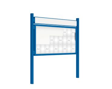 Schaukasten 2000 mit Quatro-Pfosten Farbe:RAL 5010|Abmessungen:27 A4 - B 2010 x H 1000 mm - Klapptür|Pfosten:Mittelpfosten zum Einbetonieren - Mit Titelleiste