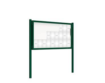 Schaukasten 2000 mit Pfosten Ø 76 mm Farbe:RAL 6005|Abmessungen:27 A4 - B 2010 x H 1000 mm - Klapptür|Pfosten:Pfosten-Set zum Einbetonieren - Ohne Titelleiste