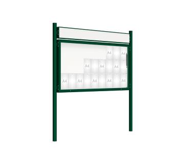 Schaukasten 2000 mit Pfosten Ø 76 mm Farbe:RAL 6005|Abmessungen:27 A4 - B 2010 x H 1000 mm - Klapptür|Pfosten:Pfosten-Set zum Einbetonieren - Mit Titelleiste