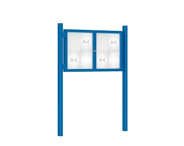 Schaukasten 1000 mit Quatro-Pfosten Farbe:RAL 5010|Abmessungen:8 A4 - B 1200 x H 750 mm - 2-flügelig|Pfosten:Pfosten-Set zum Einbetonieren - Ohne Titelleiste