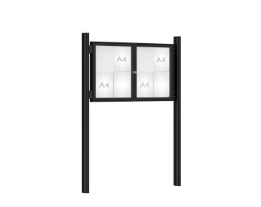 Schaukasten 1000 mit Quatro-Pfosten Farbe:RAL 9005|Abmessungen:8 A4 - B 1200 x H 750 mm - 2-flügelig|Pfosten:Pfosten-Set zum Einbetonieren - Ohne Titelleiste