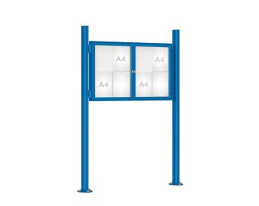 Schaukasten 1000 mit Quatro-Pfosten Farbe:RAL 5010|Abmessungen:8 A4 - B 1200 x H 750 mm - 2-flügelig|Pfosten:Pfosten-Set auf Bodenplatten - Ohne Titelleiste