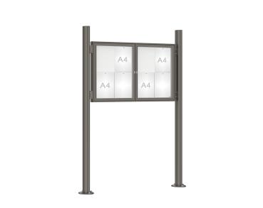 Schaukasten 1000 mit Quatro-Pfosten Farbe:Procity grau|Abmessungen:8 A4 - B 1200 x H 750 mm - 2-flügelig|Pfosten:Pfosten-Set auf Bodenplatten - Ohne Titelleiste