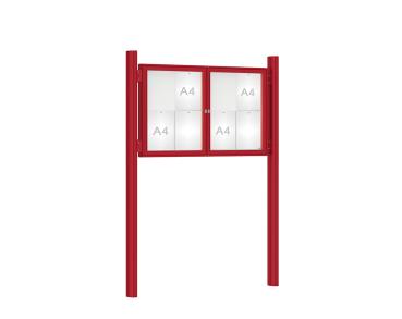 Schaukasten 1000 mit Quatro-Pfosten Farbe:RAL 3004|Abmessungen:8 A4 - B 1200 x H 750 mm - 2-flügelig|Pfosten:Mittelpfosten zum Einbetonieren - Ohne Titelleiste