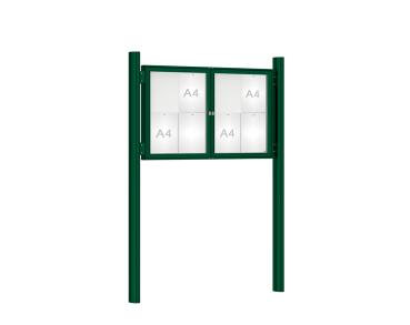 Schaukasten 1000 mit Quatro-Pfosten Farbe:RAL 6005|Abmessungen:8 A4 - B 1200 x H 750 mm - 2-flügelig|Pfosten:Mittelpfosten zum Einbetonieren - Ohne Titelleiste