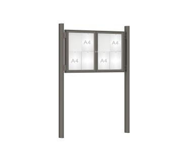 Schaukasten 1000 mit Quatro-Pfosten Farbe:Procity grau|Abmessungen:8 A4 - B 1200 x H 750 mm - 2-flügelig|Pfosten:Mittelpfosten zum Einbetonieren - Ohne Titelleiste