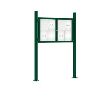Schaukasten 1000 mit Quatro-Pfosten Farbe:RAL 6005|Abmessungen:8 A4 - B 1200 x H 750 mm - 2-flügelig|Pfosten:Mittelpfosten auf Bodenplatte - Ohne Titelleiste