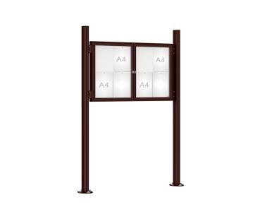 Schaukasten 1000 mit Quatro-Pfosten Farbe:RAL 8017|Abmessungen:8 A4 - B 1200 x H 750 mm - 2-flügelig|Pfosten:Mittelpfosten auf Bodenplatte - Ohne Titelleiste