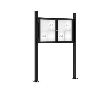 Schaukasten 1000 mit Quatro-Pfosten Farbe:RAL 9005|Abmessungen:8 A4 - B 1200 x H 750 mm - 2-flügelig|Pfosten:Mittelpfosten auf Bodenplatte - Ohne Titelleiste