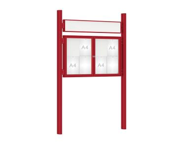 Schaukasten 1000 mit Quatro-Pfosten Farbe:RAL 3004|Abmessungen:8 A4 - B 1200 x H 750 mm - 2-flügelig|Pfosten:Pfosten-Set zum Einbetonieren - Mit Titelleiste
