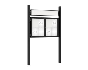 Schaukasten 1000 mit Quatro-Pfosten Farbe:RAL 9005|Abmessungen:8 A4 - B 1200 x H 750 mm - 2-flügelig|Pfosten:Pfosten-Set zum Einbetonieren - Mit Titelleiste