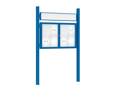 Schaukasten 1000 mit Quatro-Pfosten Farbe:RAL 5010|Abmessungen:8 A4 - B 1200 x H 750 mm - 2-flügelig|Pfosten:Mittelpfosten zum Einbetonieren - Mit Titelleiste