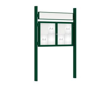 Schaukasten 1000 mit Quatro-Pfosten Farbe:RAL 6005|Abmessungen:8 A4 - B 1200 x H 750 mm - 2-flügelig|Pfosten:Mittelpfosten zum Einbetonieren - Mit Titelleiste