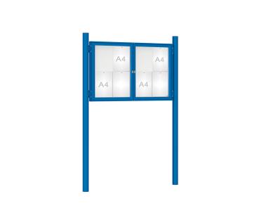 Schaukasten 1000 mit Pfosten Ø 76 mm Farbe:RAL 5010|Abmessungen:8 A4 - B 1200 x H 750 mm - 2-flügelig|Pfosten:Pfosten-Set zum Einbetonieren - Ohne Titelleiste