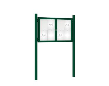 Schaukasten 1000 mit Pfosten Ø 76 mm Farbe:RAL 6005|Abmessungen:8 A4 - B 1200 x H 750 mm - 2-flügelig|Pfosten:Pfosten-Set zum Einbetonieren - Ohne Titelleiste