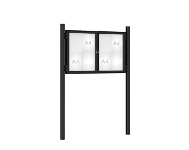 Schaukasten 1000 mit Pfosten Ø 76 mm Farbe:RAL 9005|Abmessungen:8 A4 - B 1200 x H 750 mm - 2-flügelig|Pfosten:Pfosten-Set zum Einbetonieren - Ohne Titelleiste