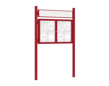 Schaukasten 1000 mit Pfosten Ø 76 mm Farbe:RAL 3004|Abmessungen:8 A4 - B 1200 x H 750 mm - 2-flügelig|Pfosten:Pfosten-Set zum Einbetonieren - Mit Titelleiste