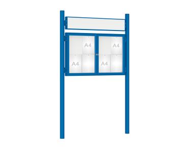 Schaukasten 1000 mit Pfosten Ø 76 mm Farbe:RAL 5010|Abmessungen:8 A4 - B 1200 x H 750 mm - 2-flügelig|Pfosten:Pfosten-Set zum Einbetonieren - Mit Titelleiste