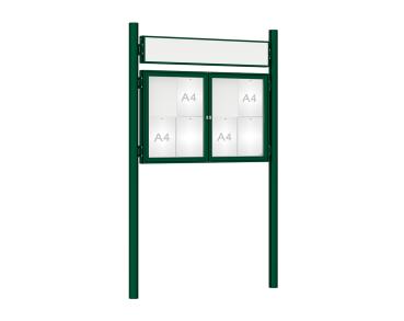 Schaukasten 1000 mit Pfosten Ø 76 mm Farbe:RAL 6005|Abmessungen:8 A4 - B 1200 x H 750 mm - 2-flügelig|Pfosten:Pfosten-Set zum Einbetonieren - Mit Titelleiste